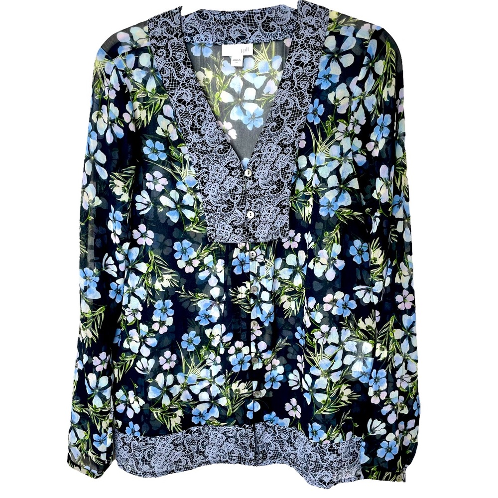 J. Jill Blue Mixed‎ Floral Print Button Down Tunic Top XS